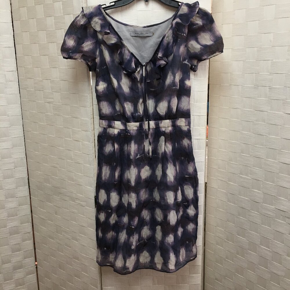 marc new york blue, purple, white, tie dye ruffle mini dress size 2